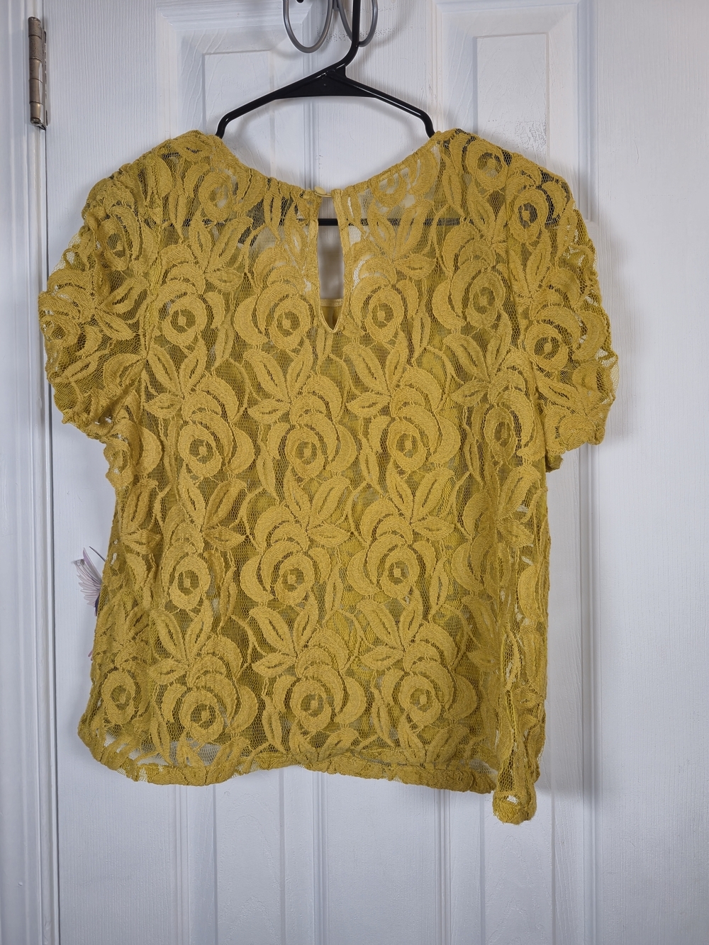 INC International Concepts Mustard Yellow Floral Lace Short Sleeve Blouse XL - Picture 2 of 5
